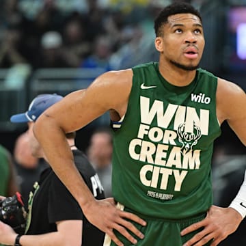 Apr 27, 2025; Milwaukee, Wisconsin, USA; Milwaukee Bucks forward Giannis Antetokounmpo (34) gets ready to play Indiana Pacers during game four of first round for the 2024 NBA Playoffs at Fiserv Forum. Mandatory Credit: Benny Sieu-Imagn Images