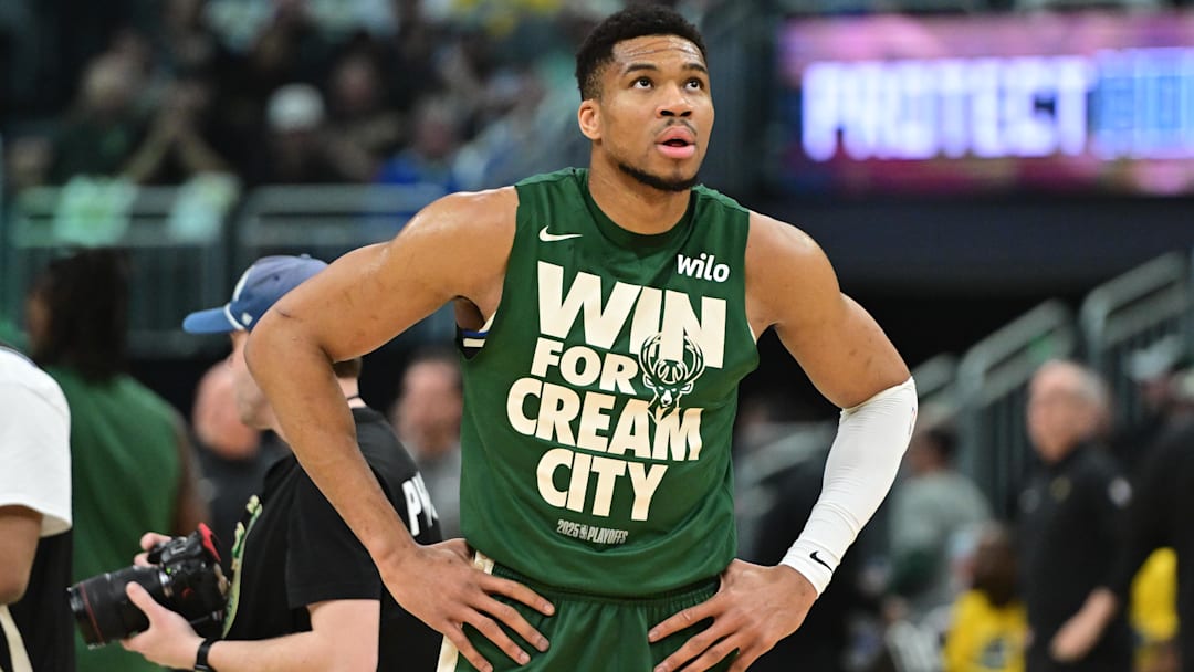 Apr 27, 2025; Milwaukee, Wisconsin, USA; Milwaukee Bucks forward Giannis Antetokounmpo (34) gets ready to play Indiana Pacers during game four of first round for the 2024 NBA Playoffs at Fiserv Forum. Mandatory Credit: Benny Sieu-Imagn Images