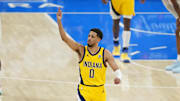 Indiana Pacers guard Tyrese Haliburton (0) reacts after a play against the Oklahoma City Thunder during the fourth quarter in game one of the 2025 NBA Finals at Paycom Center.