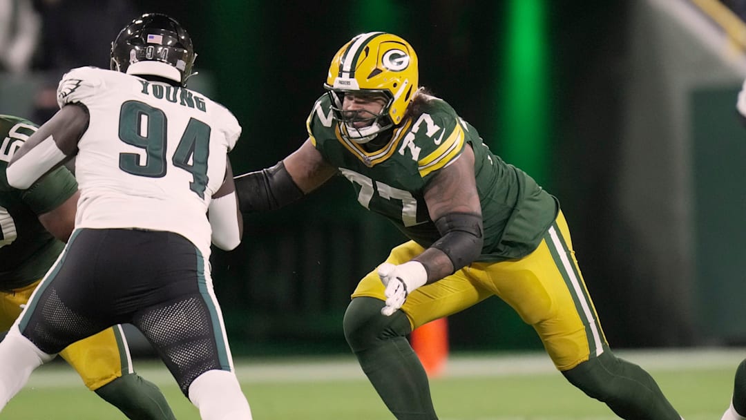 Green Bay Packers offensive tackle Jordan Morgan (77) is shown during the third quarter of their game against the Philadelphia Eagles Monday, November 10, 2025 at Lambeau Field in Green Bay, Wisconsin.