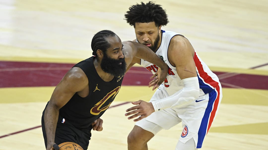 Mar 3, 2026; Cleveland, Ohio, USA; Cleveland Cavaliers guard James Harden (1) dribbles beside Detroit Pistons guard Cade Cunningham (2) in the fourth quarter at Rocket Arena. Mandatory Credit: David Richard-Imagn Images
