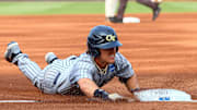 May 31, 2025; Oxford, MS, USA; Georgia Tech Yellowjackets outfielder Drew Burress (8) slides into third base during the first inning against the Murray State Racers. Mandatory Credit: Petre Thomas-Imagn Images