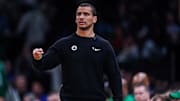 Mar 12, 2025; Boston, Massachusetts, USA; Boston Celtics head coach Joe Mazzulla watches from the sideline as they take on the Oklahoma City Thunder at TD Garden. Mandatory Credit: David Butler II-Imagn Images