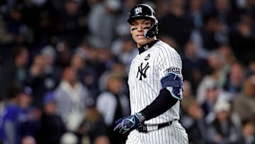 Oct 28, 2024; New York, New York, USA; New York Yankees outfielder Aaron Judge (99) reacts after striking out during the first inning against the Los Angeles Dodgers in game three of the 2024 MLB World Series at Yankee Stadium. Mandatory Credit: Brad Penner-Imagn Images