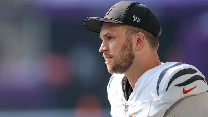 Cincinnati Bengals quarterback Jake Browning (6) watches from the sideline as quarterback Brett Rypien (11) takes over in the fourth quarter of the NFL Week 3 game between the Minnesota Vikings and the Cincinnati Bengals at U.S. Bank Stadium in Minneapolis on Sunday, Sept. 21, 2025. The Vikings won, 48-10.