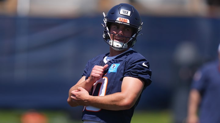 Jun 10, 2025; Denver, CO, USA; Denver Broncos quarterback Bo Nix (10) during minicamp at Broncos Park Powered by CommonSpirit. Mandatory Credit: Ron Chenoy-Imagn Images
