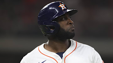Apr 22, 2025; Houston, Texas, USA; Houston Astros designated hitter Yordan Alvarez (44) looks up after a play during the sixth inning against the Toronto Blue Jays at Daikin Park