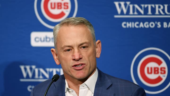 Jan 12, 2024; Chicago, IL, USA; Chicago Cubs president of baseball operations Jed Hoyer talks to the media after introducing pitcher Shota Imanaga (not pictured) during a press conference at Loews Chicago Hotel. Mandatory Credit: Kamil Krzaczynski-USA TODAY Sports