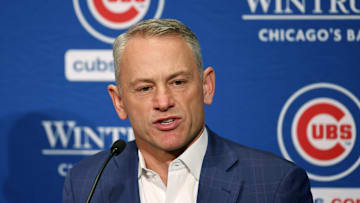 Jan 12, 2024; Chicago, IL, USA; Chicago Cubs president of baseball operations Jed Hoyer talks to the media after introducing pitcher Shota Imanaga (not pictured) during a press conference at Loews Chicago Hotel. Mandatory Credit: Kamil Krzaczynski-Imagn Images