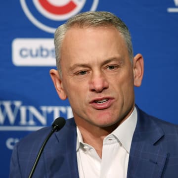 Jan 12, 2024; Chicago, IL, USA; Chicago Cubs president of baseball operations Jed Hoyer talks to the media after introducing pitcher Shota Imanaga (not pictured) during a press conference at Loews Chicago Hotel.