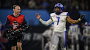 Feb 9, 2020; Arlington, Texas, USA; St. Louis Battlehawks punter Marquette King (7) celebrates during the second half against the Dallas Renegades in an XFL football game at Globe Life Park. Mandatory Credit: Jerome Miron-Imagn Images
