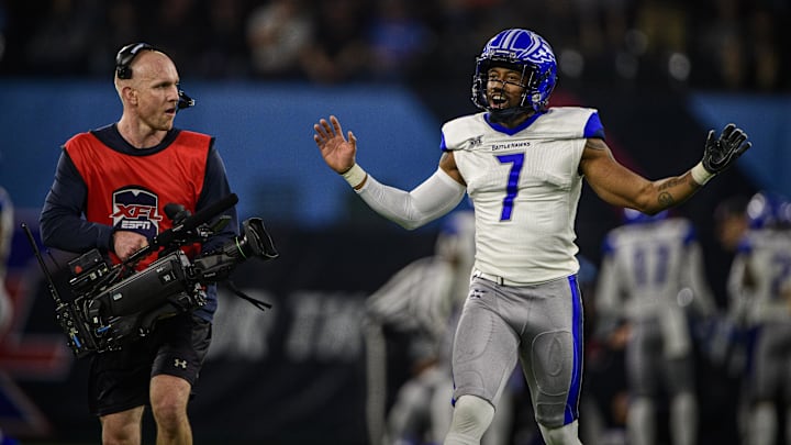 Feb 9, 2020; Arlington, Texas, USA; St. Louis Battlehawks punter Marquette King (7) celebrates during the second half against the Dallas Renegades in an XFL football game at Globe Life Park. Mandatory Credit: Jerome Miron-Imagn Images Feb 9, 2020; Arlington, Texas, USA; St. Louis Battlehawks punter Marquette King (7) celebrates during the second half against the Dallas Renegades in an XFL football game at Globe Life Park. Mandatory Credit: Jerome Miron-Imagn Images