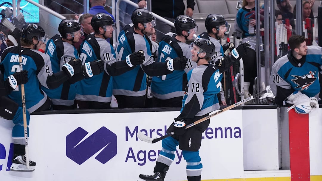 Oct 30, 2025; San Jose, California, USA;  San Jose Sharks left wing William Eklund (72) celebrates with the bench after scoring a goal against the New Jersey Devils in the first period at SAP Center at San Jose. Mandatory Credit: David Gonzales-Imagn Images