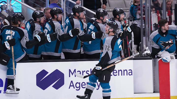 Oct 30, 2025; San Jose, California, USA;  San Jose Sharks left wing William Eklund (72) celebrates with the bench after scoring a goal against the New Jersey Devils in the first period at SAP Center at San Jose. Mandatory Credit: David Gonzales-Imagn Images