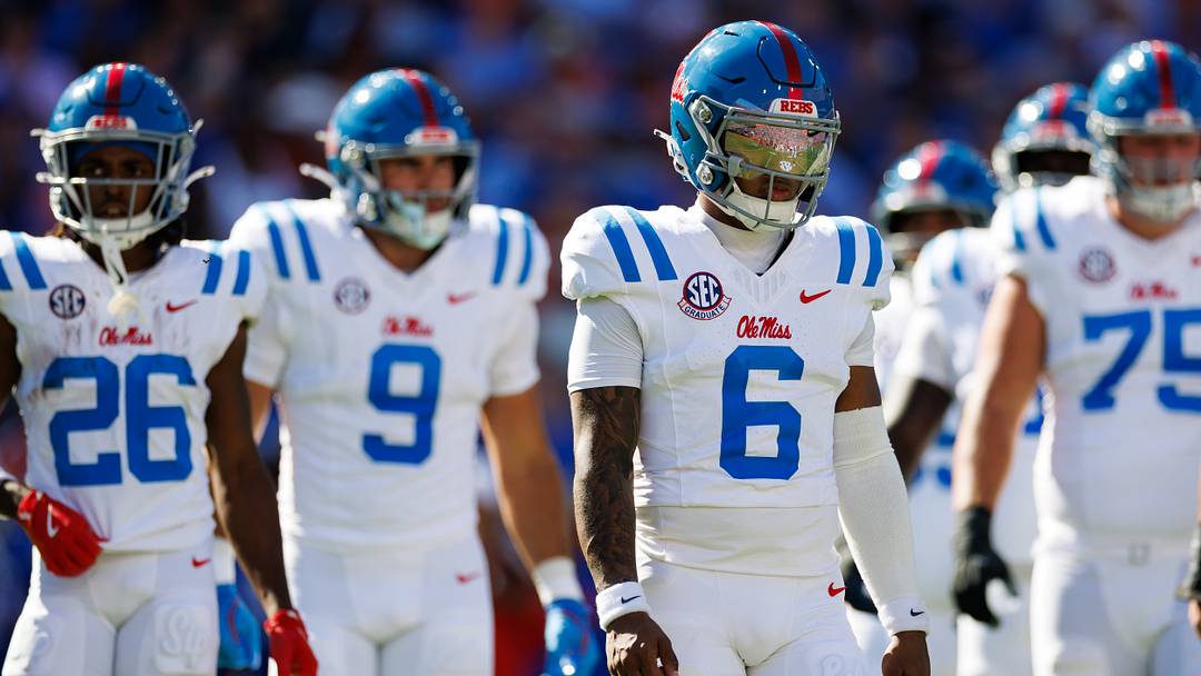 Sep 26, 2026; Gainesville, Florida, USA;  Mississippi Rebels quarterback Trinidad Chambliss (6) walks off the field during a timeout against the Florida Gators during the first half at Ben Hill Griffin Stadium.  Mandatory Credit: Matt Pendleton-Imagn Images