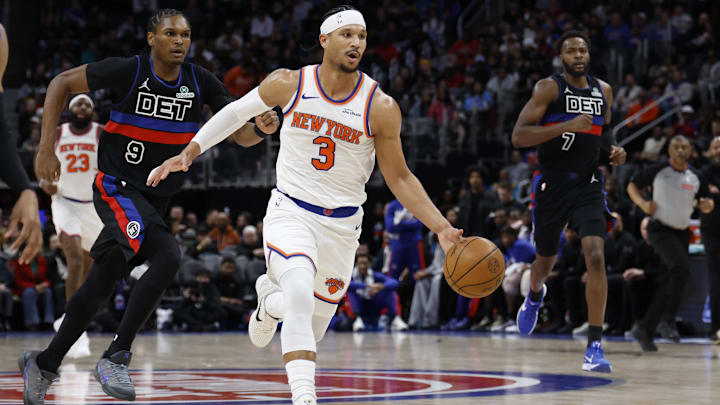 Feb 6, 2026; Detroit, Michigan, USA;  New York Knicks guard Josh Hart (3) dribbles in the first half against the Detroit Pistons at Little Caesars Arena. Mandatory Credit: Rick Osentoski-Imagn Images