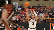 Gonzaga Bulldogs guard Ryan Nembhard (0) shoots against the Pacific Tigers during the first half at Alex G. Spanos Center