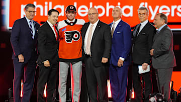 Jun 28, 2024; Las Vegas, Nevada, USA; Jett Luchanko is selected by the Philadelphia Flyers with the 13th overall pick in the first round of the 2024 NHL Draft at The Sphere.