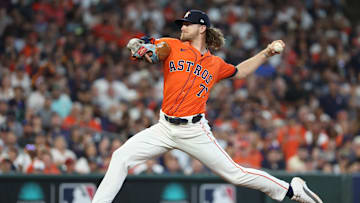 Houston Astros pitcher Josh Hader (71) throws against the Detroit Tigers during the eighth inning of game two of the Wildcard round for the 2024 MLB Playoffs at Minute Maid Park. 
