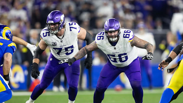 Minnesota Vikings guard Dalton Risner (66) and tackle Brian O'Neill (75) against the Los Angeles Rams during an NFC wild card