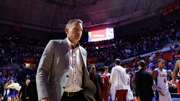 Feb 1, 2026; Gainesville, Florida, USA; Alabama Crimson Tide head coach Nate Oats walks to the locker room after a game against the Florida Gators at Exactech Arena at the Stephen C. O'Connell Center. Mandatory Credit: Matt Pendleton-Imagn Images
