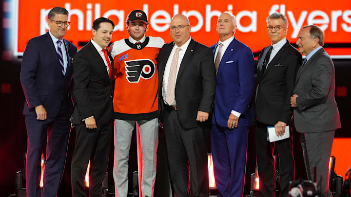 Jun 28, 2024; Las Vegas, Nevada, USA; Jett Luchanko is selected by the Philadelphia Flyers with the 13th overall pick in the first round of the 2024 NHL Draft at The Sphere.