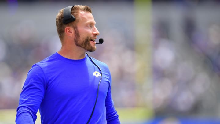 Aug 11, 2024; Inglewood, California, USA; Los Angeles Rams head coach Sean McVay watches game action against the Dallas Cowboys during the first half at SoFi Stadium. Mandatory Credit: Gary A. Vasquez-USA TODAY Sports