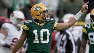 Green Bay Packers quarterback Jordan Love (10) signals first down during the fourth quarter of their game Sunday, October 13, 2024 at Lambeau Field in Green Bay, Wisconsin. The Green Bay Packers beat the Arizona Cardinals 34-13.