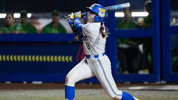 Bruins outfielder Jessica Clements lifted a two-run walk-off home run to center in the bottom of the 7th as Oregon lost 4-2 at the College World Series. Mandatory Credit: Brett Rojo-Imagn Images