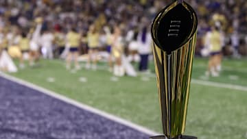 Nov 22, 2025; Atlanta, Georgia, USA; A view of the college football playoff national championship trophy on the sidelines of a game between the Georgia Tech Yellow Jackets and Pittsburgh Panthers in the first quarter at Bobby Dodd Stadium at Hyundai Field. Mandatory Credit: Brett Davis-Imagn Images

