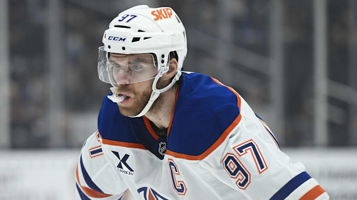 Feb 26, 2026; Los Angeles, California, USA; Edmonton Oilers center Connor McDavid (97) is seen on the ice during the first period against the Los Angeles Kings at Crypto.com Arena. Mandatory Credit: Griffin Hooper-Imagn Images  