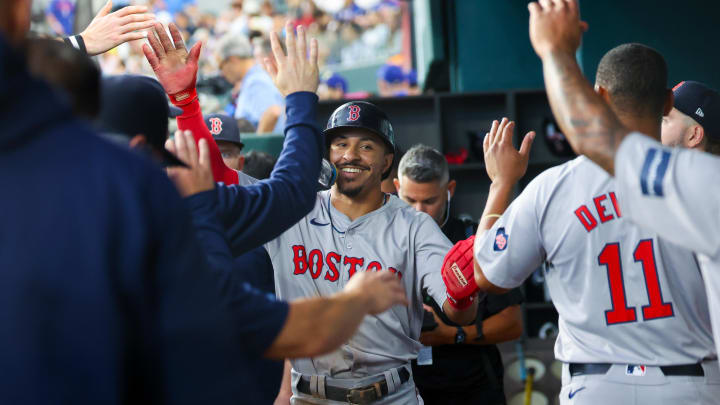 Aug 4, 2024; Arlington, Texas, USA; Boston Red Sox second baseman David Hamilton (70) celebrates with teammates after scoring during the third  inning against the Texas Rangers at Globe Life Field. Mandatory Credit: Kevin Jairaj-USA TODAY Sports