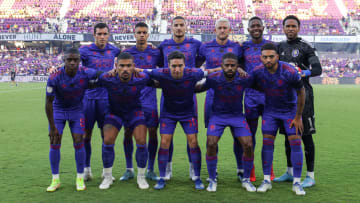 May 28, 2022; Orlando, Florida, USA;  The Orlando City starting eleven pose before a match against