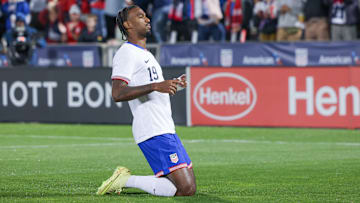 Haji Wright celebrates one of his two goals for the USMNT against Australia.