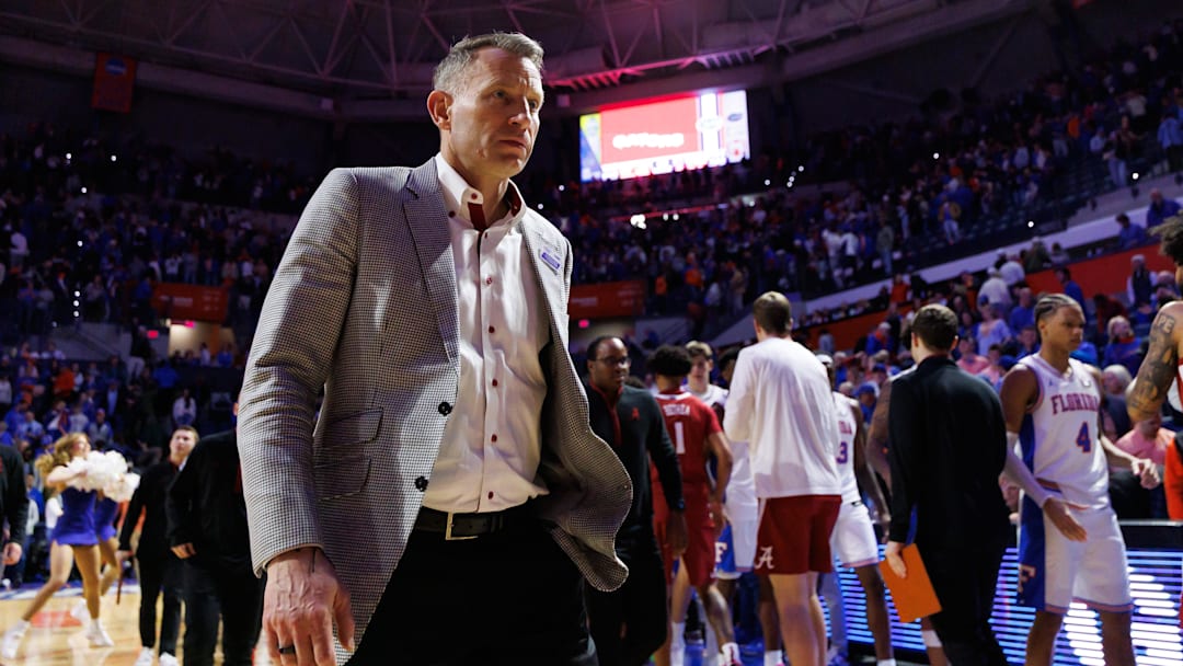 Feb 1, 2026; Gainesville, Florida, USA; Alabama Crimson Tide head coach Nate Oats walks to the locker room after a game against the Florida Gators at Exactech Arena at the Stephen C. O'Connell Center. Mandatory Credit: Matt Pendleton-Imagn Images