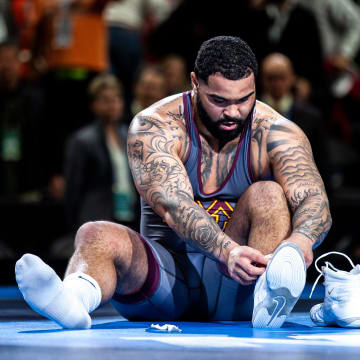 Minnesota's Gable Steveson reacts after his match at 285 pounds in the finals during the sixth session of the NCAA Division I Wrestling Championships, Saturday, March 19, 2022, at Little Caesars Arena in Detroit, Mich.

220319 Ncaa Session 6 Wr 025 Jpg