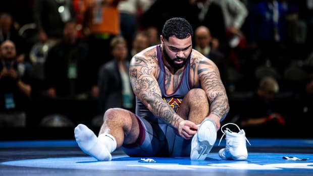 Minnesota's Gable Steveson reacts after his match at 285 pounds in the finals during the sixth session of the NCAA Division I Wrestling Championships, Saturday, March 19, 2022, at Little Caesars Arena in Detroit, Mich.

220319 Ncaa Session 6 Wr 025 Jpg