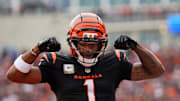 Nov 2, 2025; Cincinnati, Ohio, USA; Cincinnati Bengals wide receiver Ja'Marr Chase (1) celebrates after scoring a touchdown against the Chicago Bears during the second quarter at Paycor Stadium. Mandatory Credit: Joseph Maiorana-Imagn Images