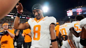 Tennessee Volunteers quarterback Nico Iamaleava (8) celebrates after a college football game between the University of Oklahoma Sooners (OU) and the Tennessee Volunteers at Gaylord Family - Oklahoma Memorial Stadium in Norman, Okla., Saturday, Sept. 21, 2024.