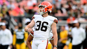 Aug 10, 2024; Cleveland, Ohio, USA; Cleveland Browns place kicker Cade York (36) during the game against the Green Bay Packers at Cleveland Browns Stadium.