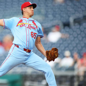 Jul 6, 2024; Washington, District of Columbia, USA; St. Louis Cardinals pitcher Giovanny Gallegos (65) throws a pitch during the sixth inning against the Washington Nationals at Nationals Park. Mandatory Credit: Daniel Kucin Jr.-USA TODAY Sports