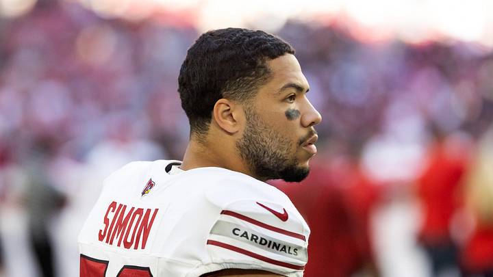 Dec 21, 2025; Glendale, Arizona, USA;  Arizona Cardinals linebacker Cody Simon (50) against the Atlanta Falcons at State Farm Stadium. Mandatory Credit: Mark J. Rebilas-Imagn Images