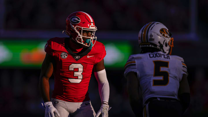 Nov 4, 2023; Athens, Georgia, USA; Georgia Bulldogs defensive back Kamari Lassiter (3) prepares to cover Missouri Tigers wide receiver Mookie Cooper (5) during the second half at Sanford Stadium. Mandatory Credit: Dale Zanine-USA TODAY Sports