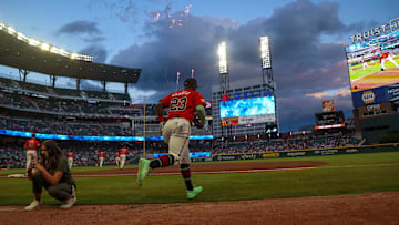 Sep 27, 2024; Atlanta, Georgia, USA; Atlanta Braves center fielder Michael Harris II (23) runs onto the field before a game against the Kansas City Royals at Truist Park. Mandatory Credit: Brett Davis-Imagn Images
