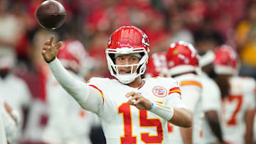 Kansas City Chiefs quarterback Patrick Mahomes (15) warms up before their preseason game against the Arizona Cardinals at State Farm Stadium on Aug. 9, 2025.