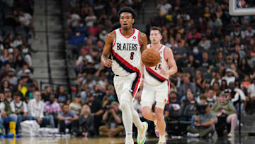 Apr 3, 2022; San Antonio, Texas, USA;  Portland Trail Blazers guard Brandon Williams (8) dribbles the ball in the second half against the San Antonio Spurs at the AT&T Center. Mandatory Credit: Daniel Dunn-Imagn Images