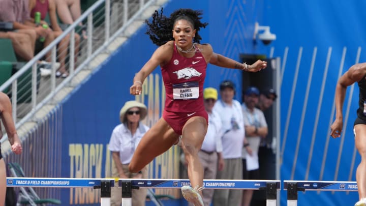 Rachel Glenn runs the women's 400m hurdles during the NCAA Track and Field Championships at Hayward Field.  She ran a personal best 53:68 in the semifinals of the Olympic Trials
