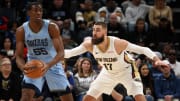 Feb 12, 2024; Memphis, Tennessee, USA; Memphis Grizzlies center Trey Jemison (55) handles the ball as New Orleans Pelicans center Jonas Valanciunas (17) defends during the second half at FedExForum.