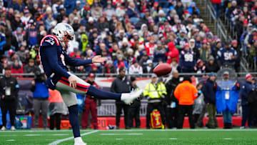 Dec 28, 2024; Foxborough, Massachusetts, USA; New England Patriots punter Bryce Baringer (17) punts the ball against the Los Angeles Chargers during the first half at Gillette Stadium. Mandatory Credit: Gregory Fisher-Imagn Images