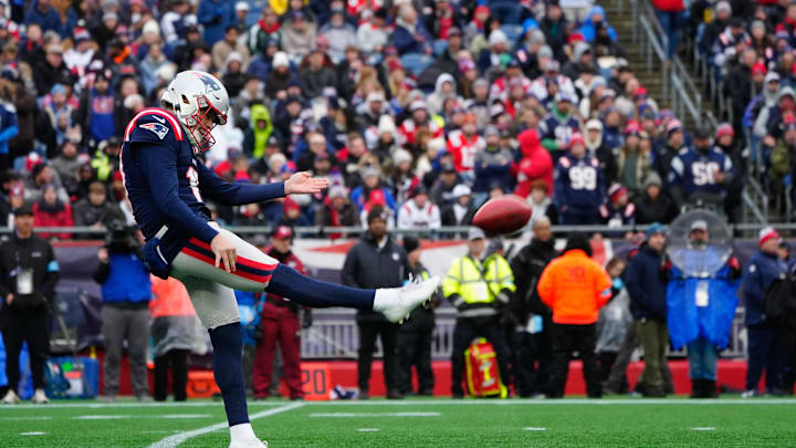 Dec 28, 2024; Foxborough, Massachusetts, USA; New England Patriots punter Bryce Baringer (17) punts the ball against the Los Angeles Chargers during the first half at Gillette Stadium. Mandatory Credit: Gregory Fisher-Imagn Images Dec 28, 2024; Foxborough, Massachusetts, USA; New England Patriots punter Bryce Baringer (17) punts the ball against the Los Angeles Chargers during the first half at Gillette Stadium. Mandatory Credit: Gregory Fisher-Imagn Images